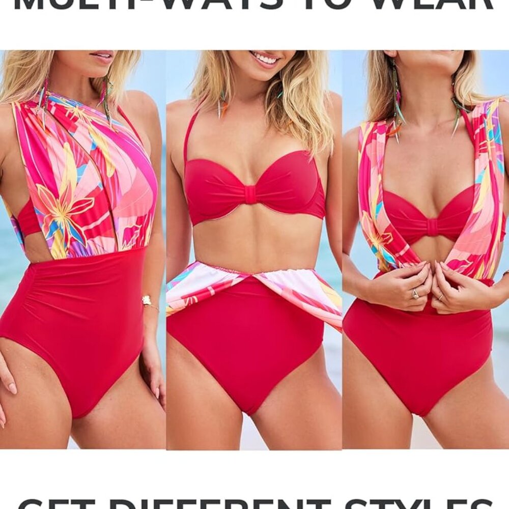 CUPSHE MULTI WAY One Piece with Coral Red Tropical Print